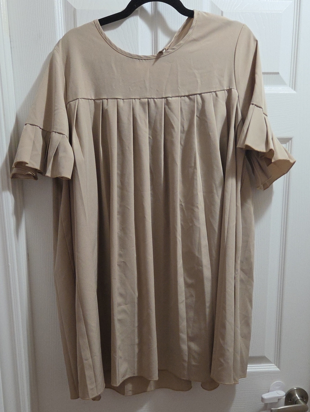 SHEIN Beige Pleated Midi Dress with Ruffle Sleeves